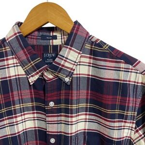 J.Crew Mens Flex Oxford Slim Fit Plaid Button Down Shirt Navy Burgundy Large